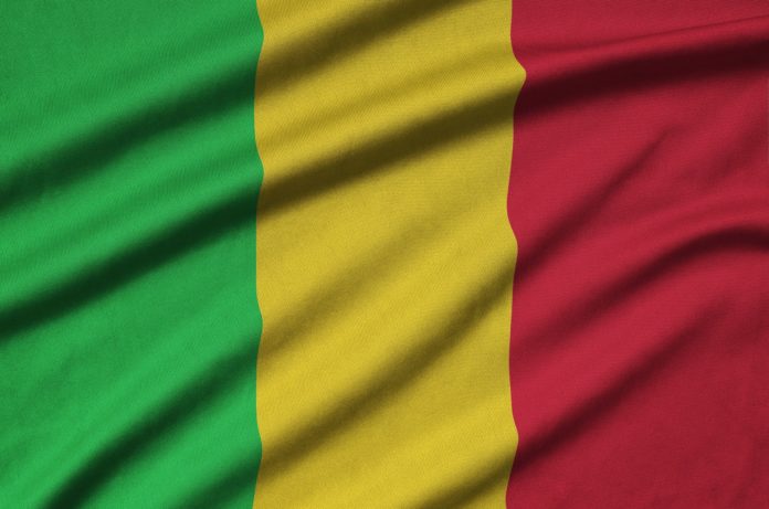 Mali flag is depicted on a sports cloth fabric with many folds. Sport team waving banner