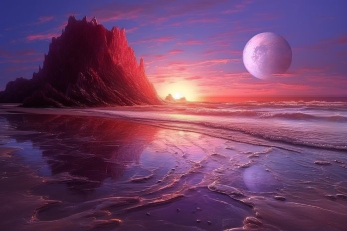 magnifique soleil couchant violet sur une plage imaginaire